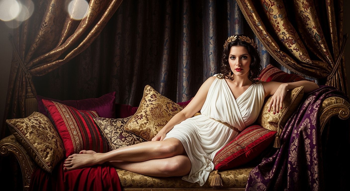 Roman Empress Lounging in Opulence, High-Fashion Portrait