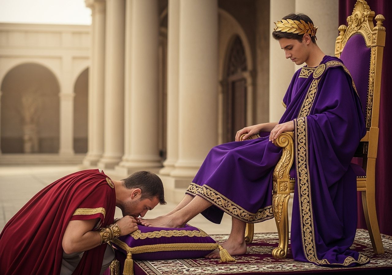 Young Roman Emperor on Gold Throne in Lavish Toga