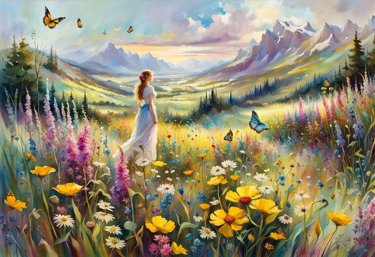 Fantasy Flower Meadow with Butterflies in Morning Light