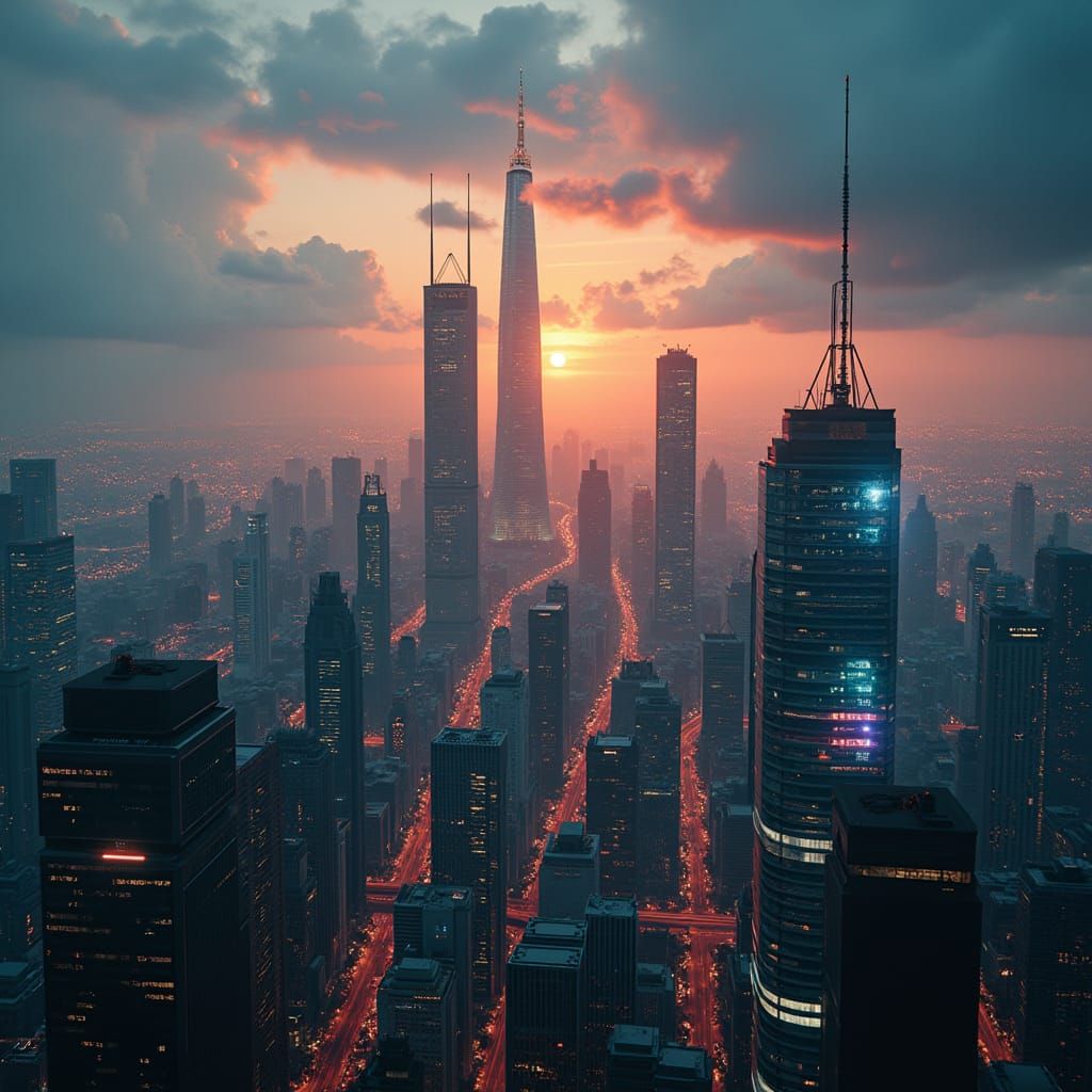 Epic Digital Metropolis at Dusk in a Cinematic Style