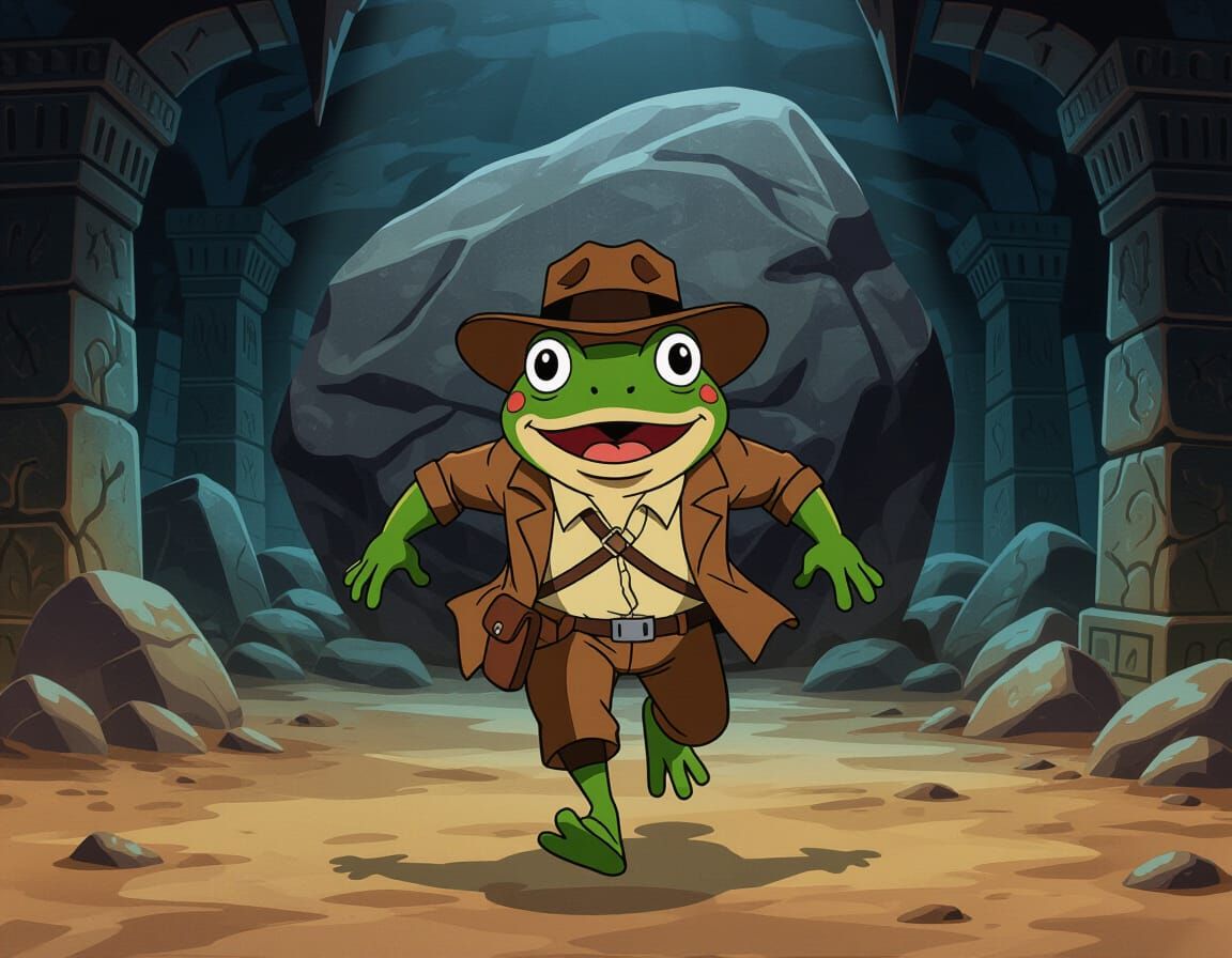 Surprised Cartoon Frog Evades Boulder in Ruins