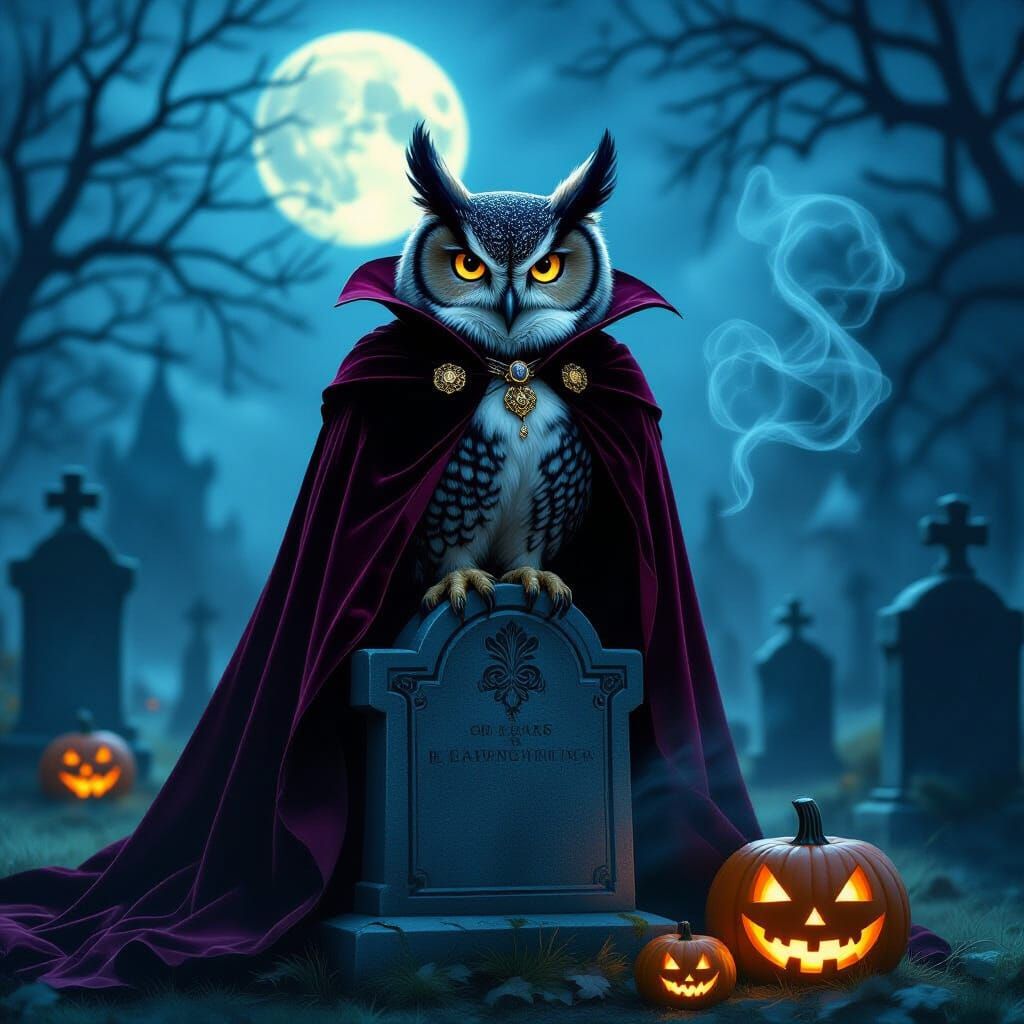 Gothic Owl in Vampire Cape on Gravestone