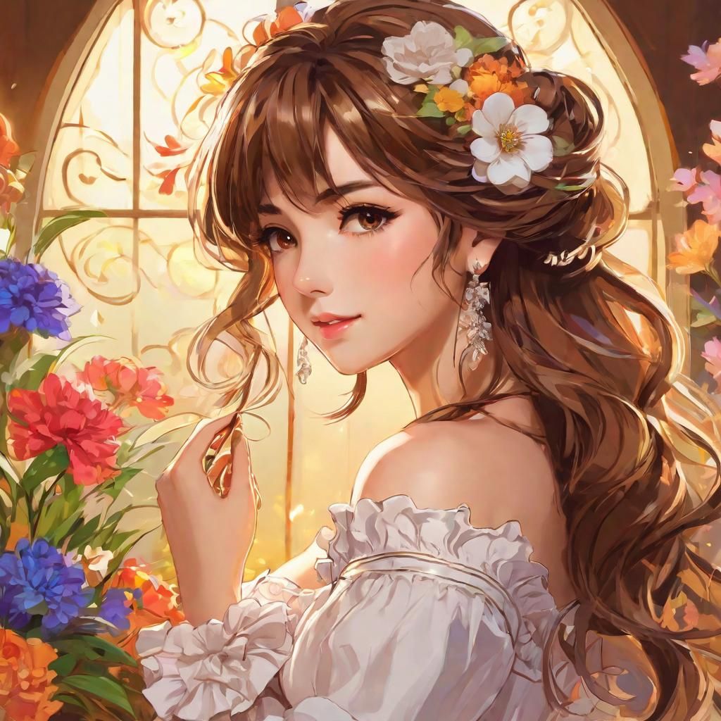 Anime Lady Adjusting Hair in Triadic Colors