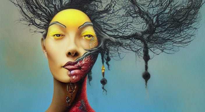 Surreal Woman with Steaming Ghosts, Detailed Oil Painting