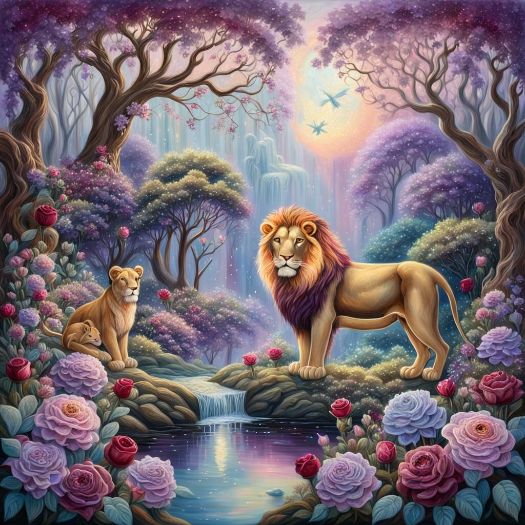 Lion and Fairies in Whimsical Oil Painting