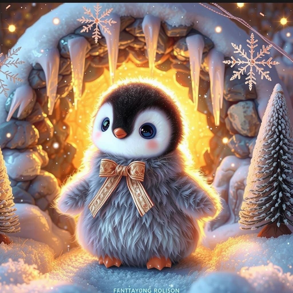 Penguin in Whimsical Snowy Wonderland