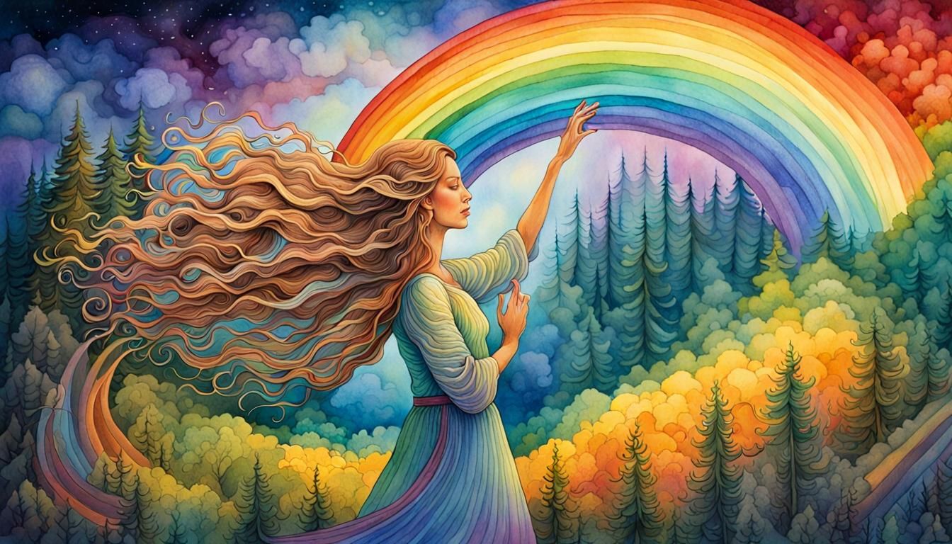 Rainbow Woman in Warped Forest: Watercolor Magic