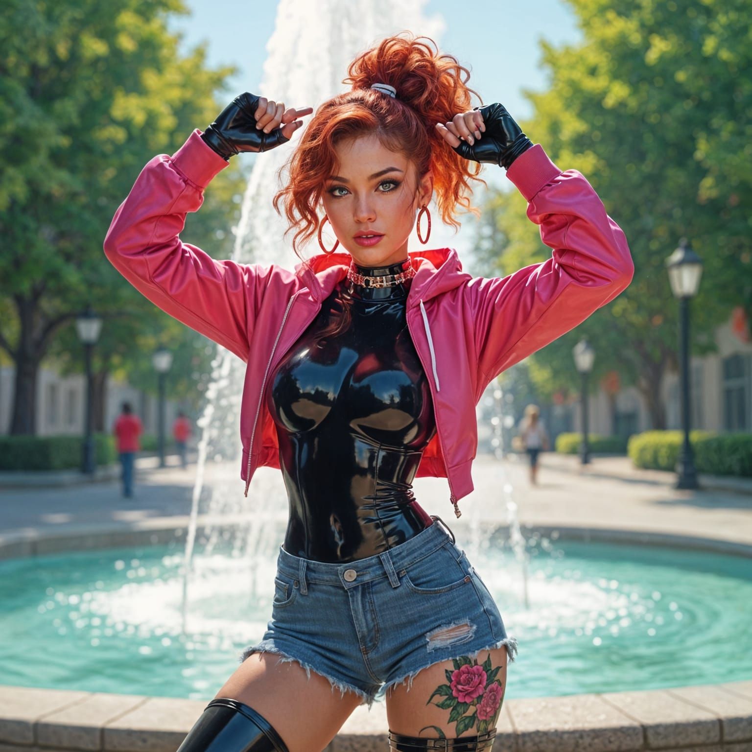 Tattooed Woman in Latex Catsuit Posing by Fountain