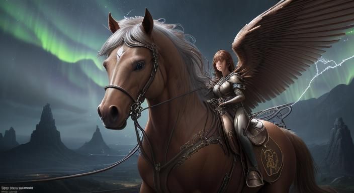 Winged Robot Pegasus in Dark Fantasy Landscape