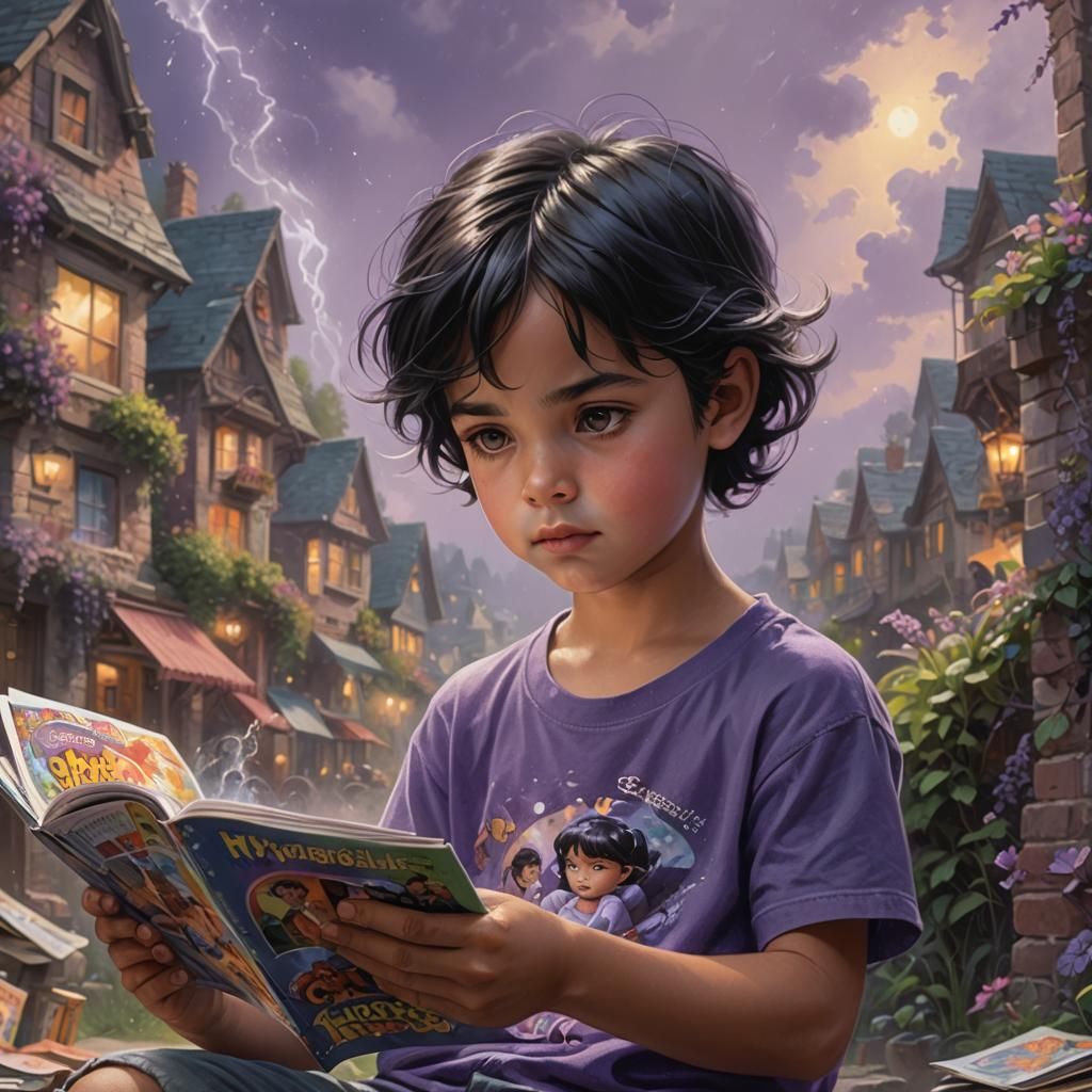 Child Reading Comic Book in Hyperrealistic Style