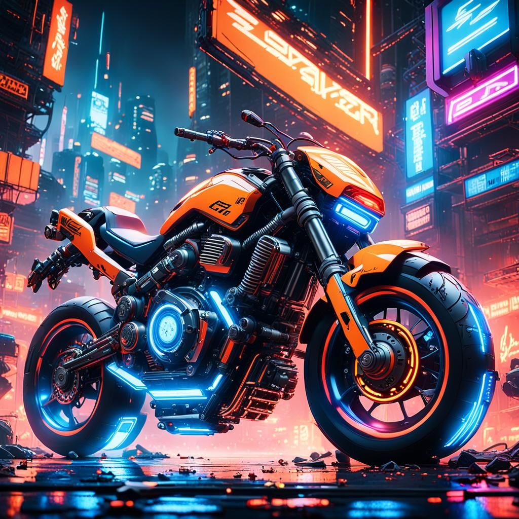 Cyberpunk Motorcycle Engine Disassembly in Neon Workshop