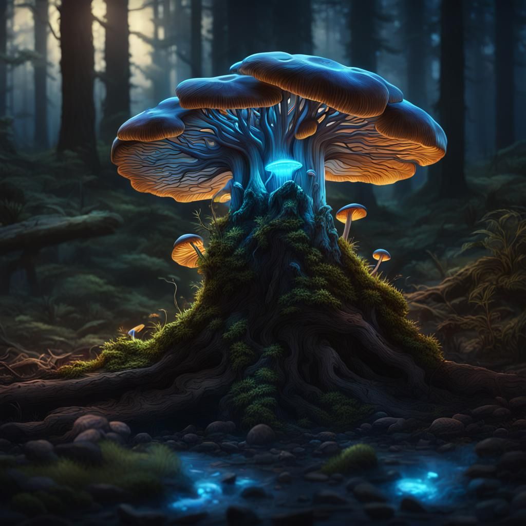 Bioluminescent Mushroom on Oak Stump: Detailed Matte Paintin...