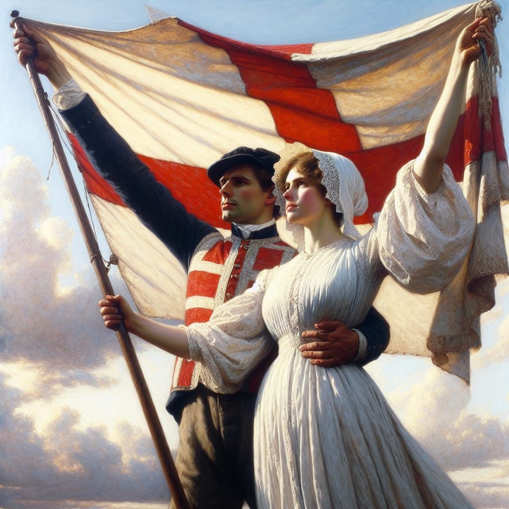 English Couple with Banner in Oil Painting Style