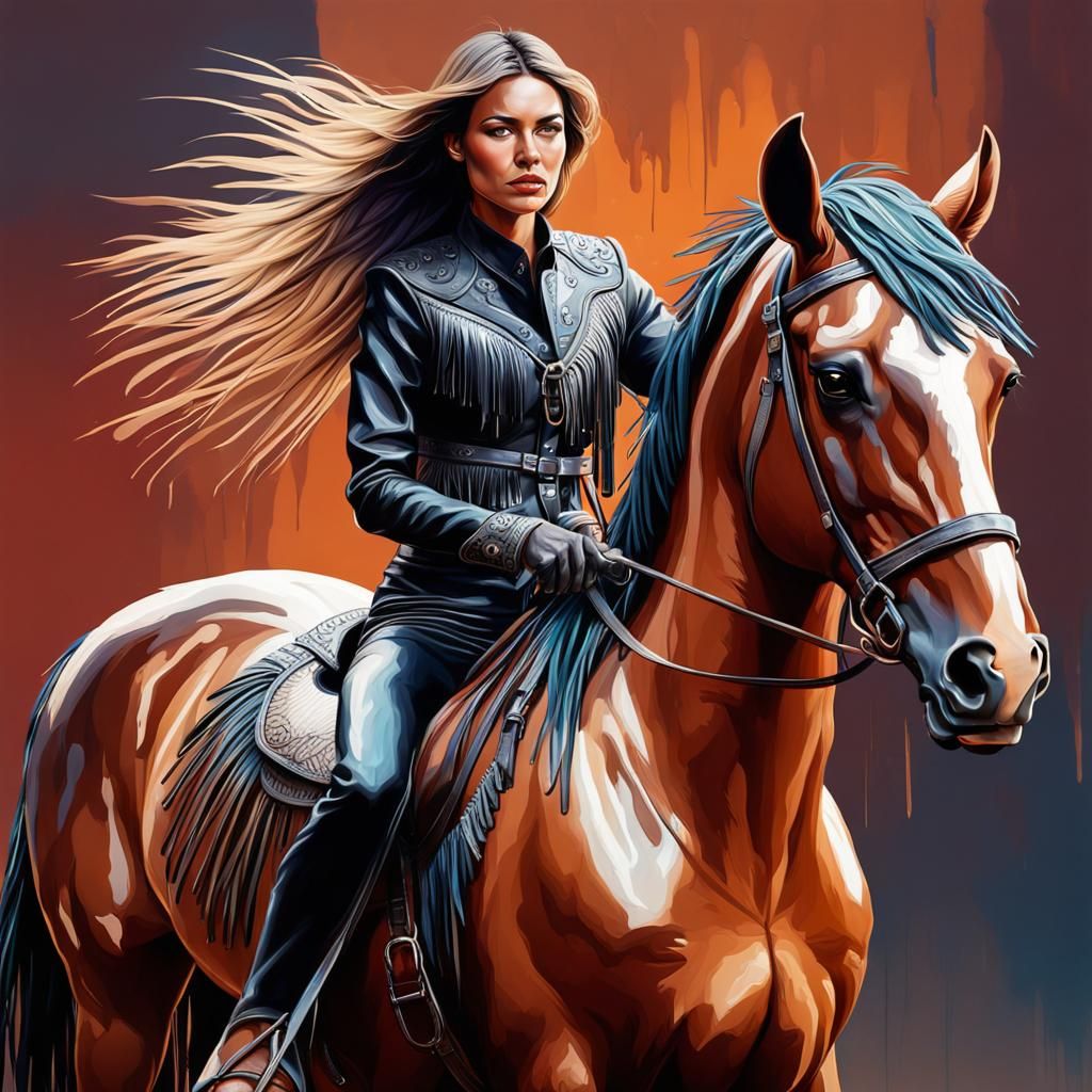 Woman on Horse in Fringed Leather, Hyperrealistic Art