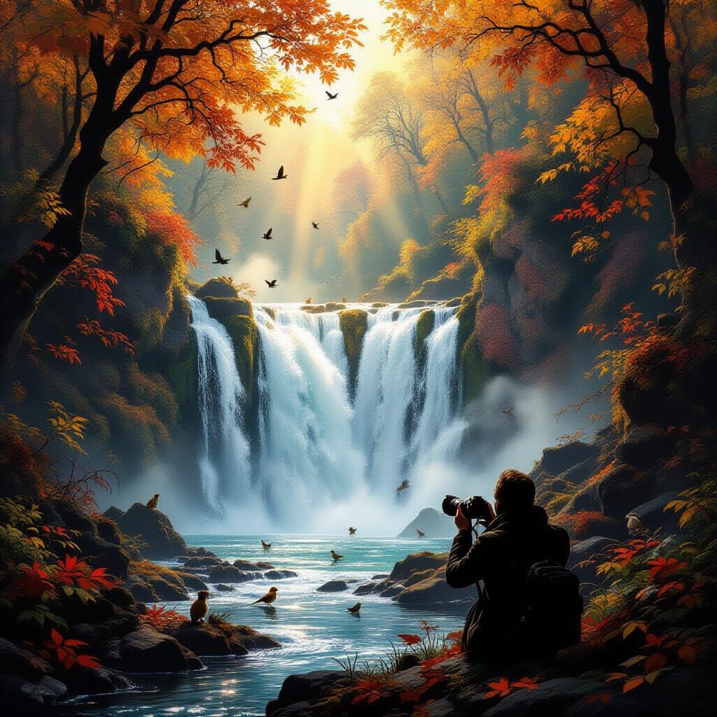 Surreal Baroque Autumn Waterfall Scene