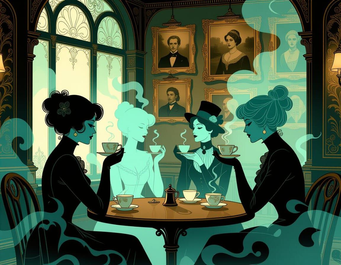 Art Nouveau Coffeehouse with Spectral Figures