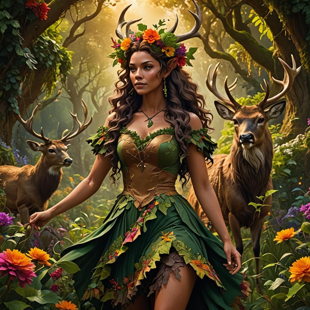 Happy Satyr in Lush Floral Scene, Digital Art