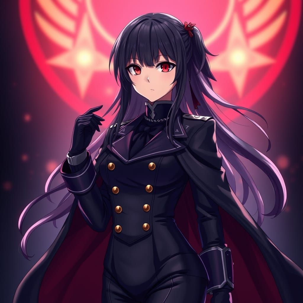 Anime Female Admiral in Black Uniform with Red Eyes