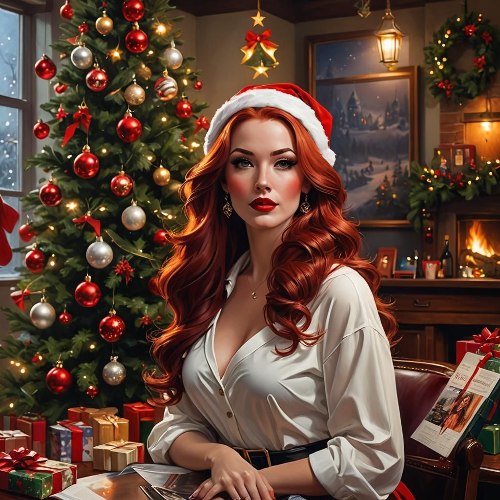 Glamorous Christmas Pin-Up Goddess with Long Red Hair