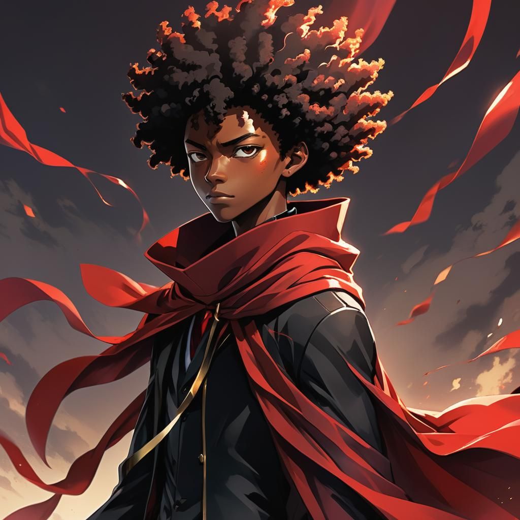 Anime Style Black Teen in Flowing Red Cloak
