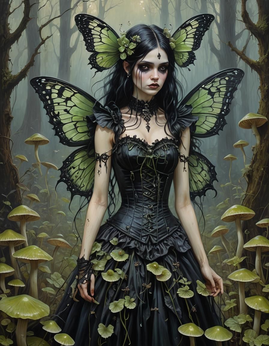Gothic Fairy with Moth Wings in Misty Mushroom Grotto