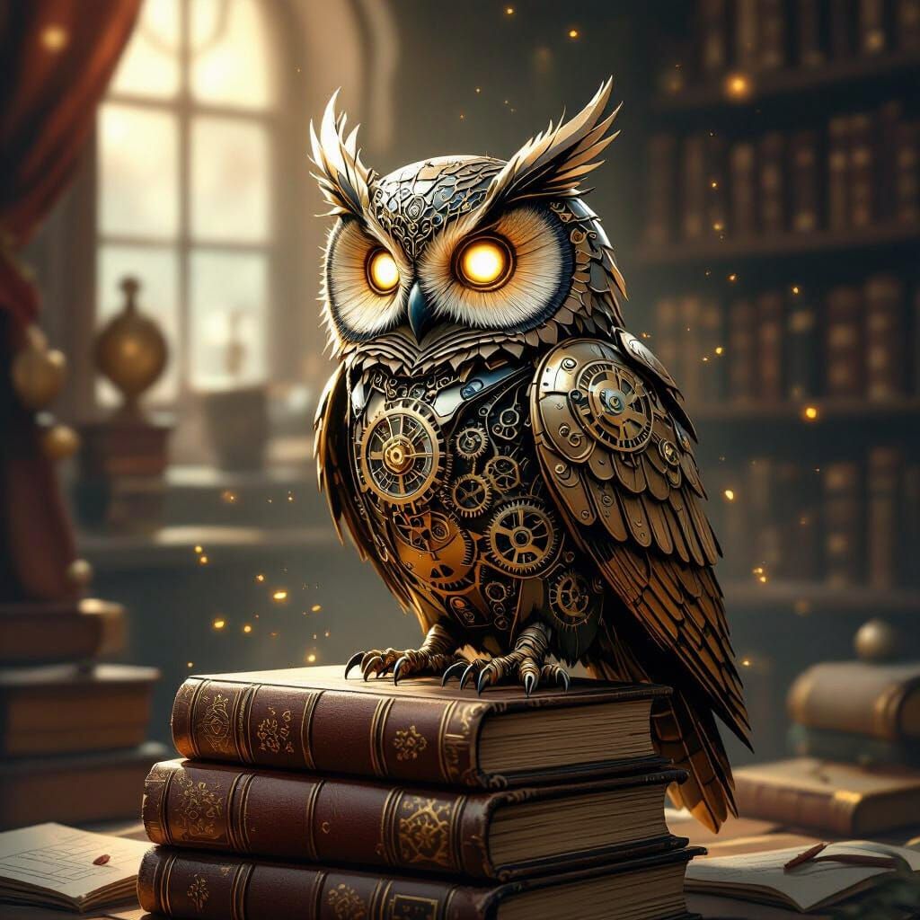 Steampunk Clockwork Owl on Books in Sepia Tones