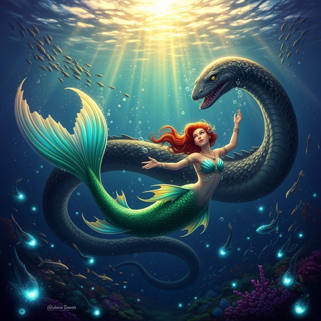 Mermaid and Loch Ness Monster in Digital Art Style