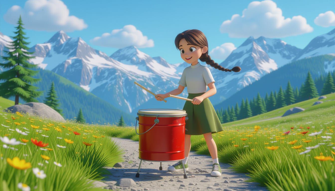 Girl Drumming on Mountain Path, Pixar-style 3D Animation
