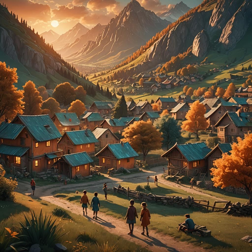 Kids Playing in Village at Sunset: Fantasy Art