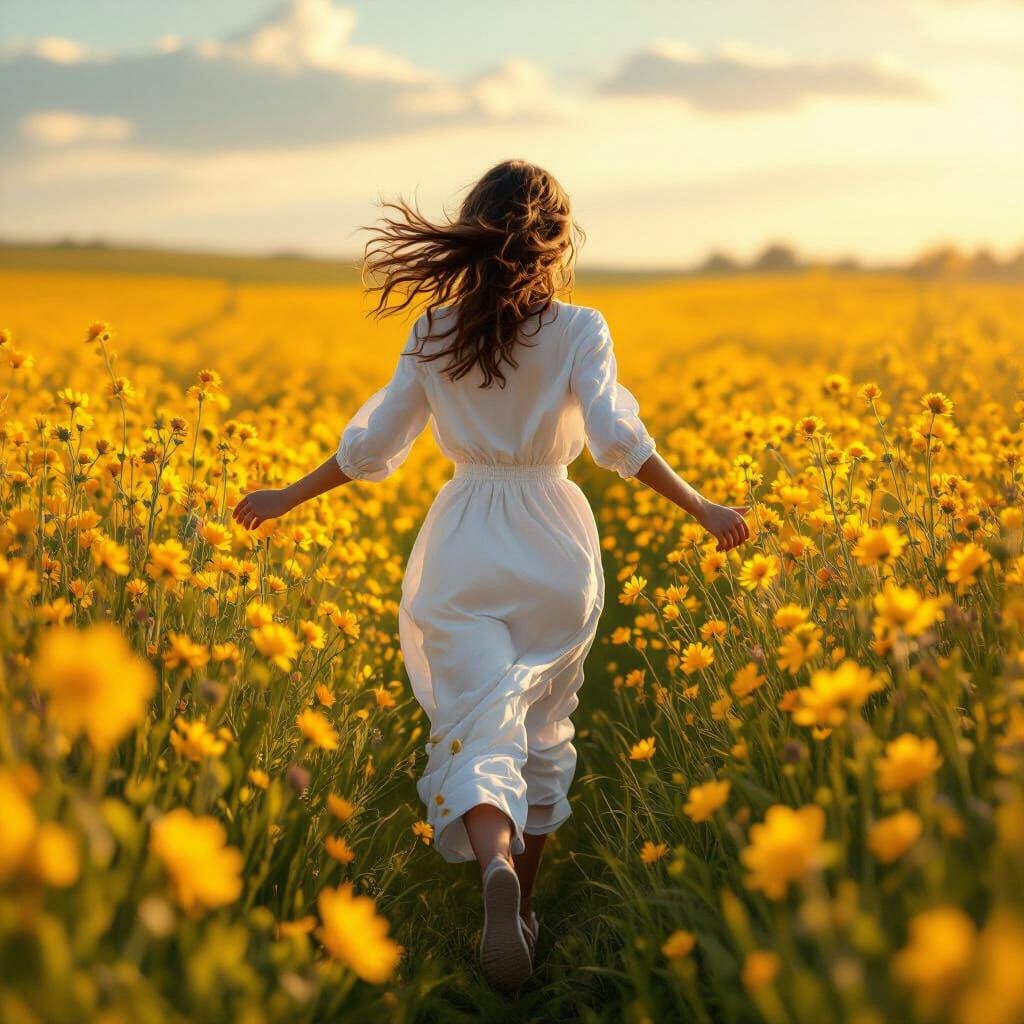 Joyful Girl Running Through Vibrant Flower Field