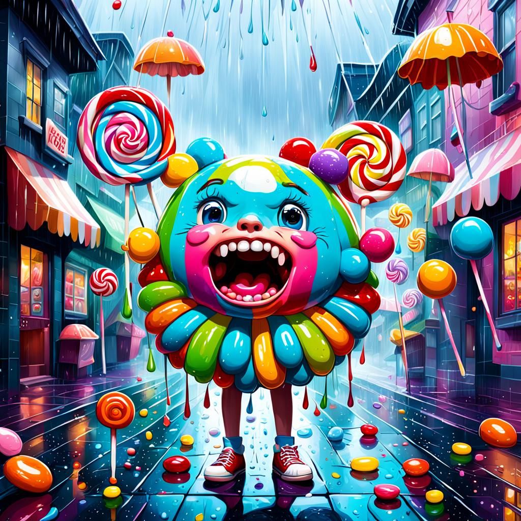 Screaming Figure in Rainy Candy Art Style