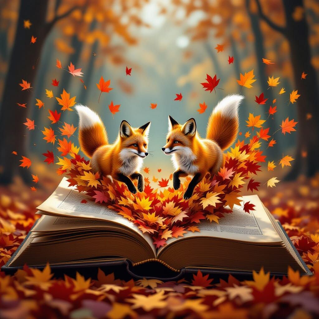 Magical Book Unleashes Fiery Fox Amidst Autumn Leaves