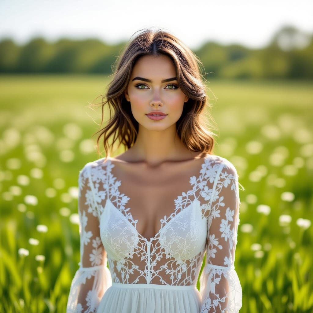 Young Woman in White Lace Dress in Spring Meadow