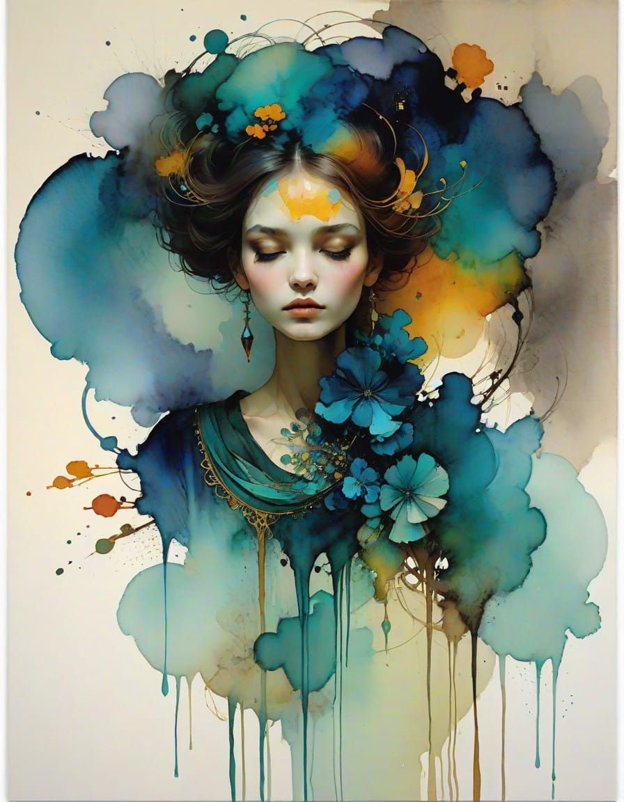 Vibrant Arabesque Ink Art in Triadic Colors