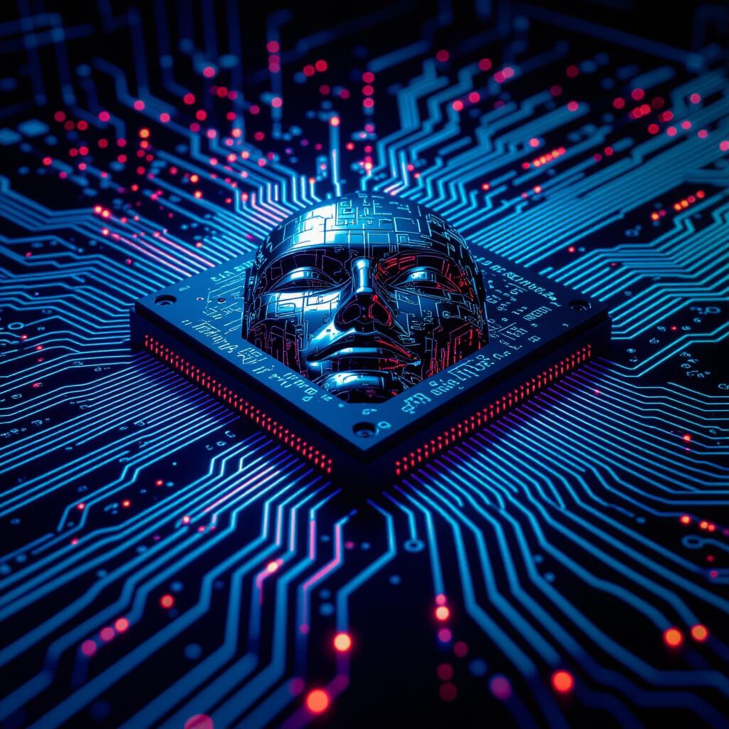 Cyberpunk AI Face Circuit Board in Neo-Noir Style