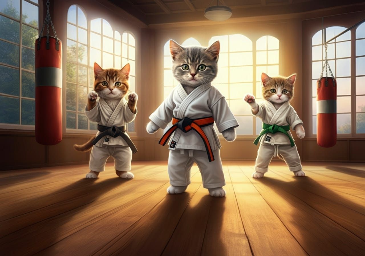 Whimsical Martial Arts Kittens in Training