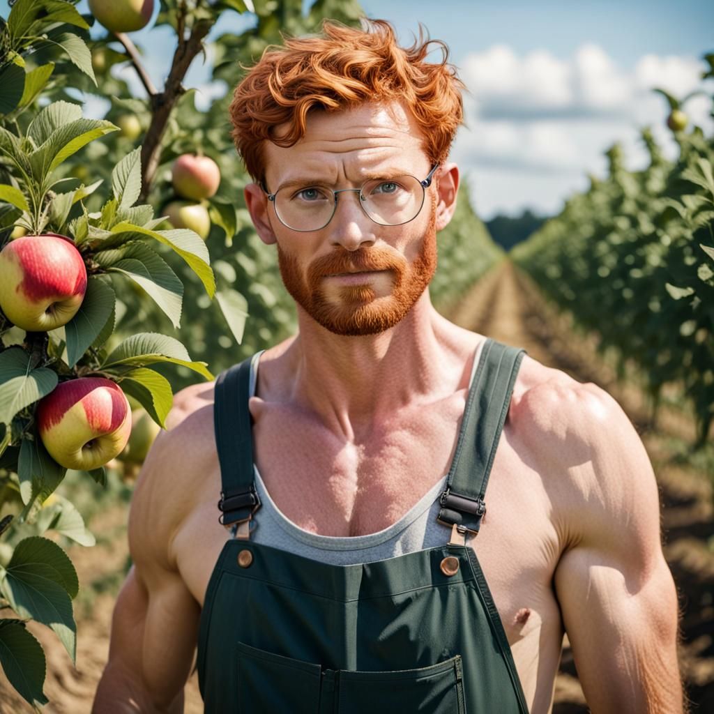 Redhead Farmer Wiping Sweat on Apple Farm