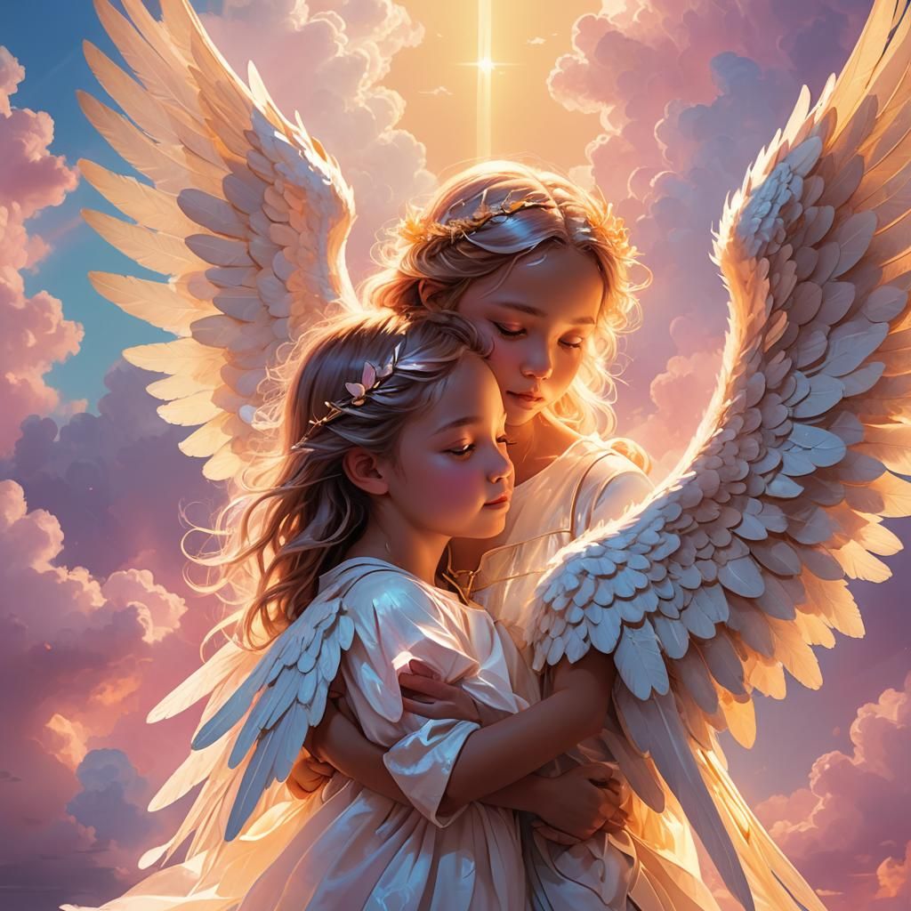 Fluorescent Angel Hugging a Girl: Dreamy Concept Art