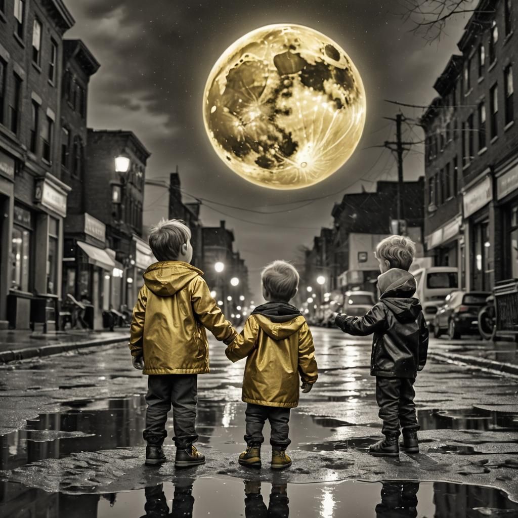 Children Gaze at Golden Moon Reflection