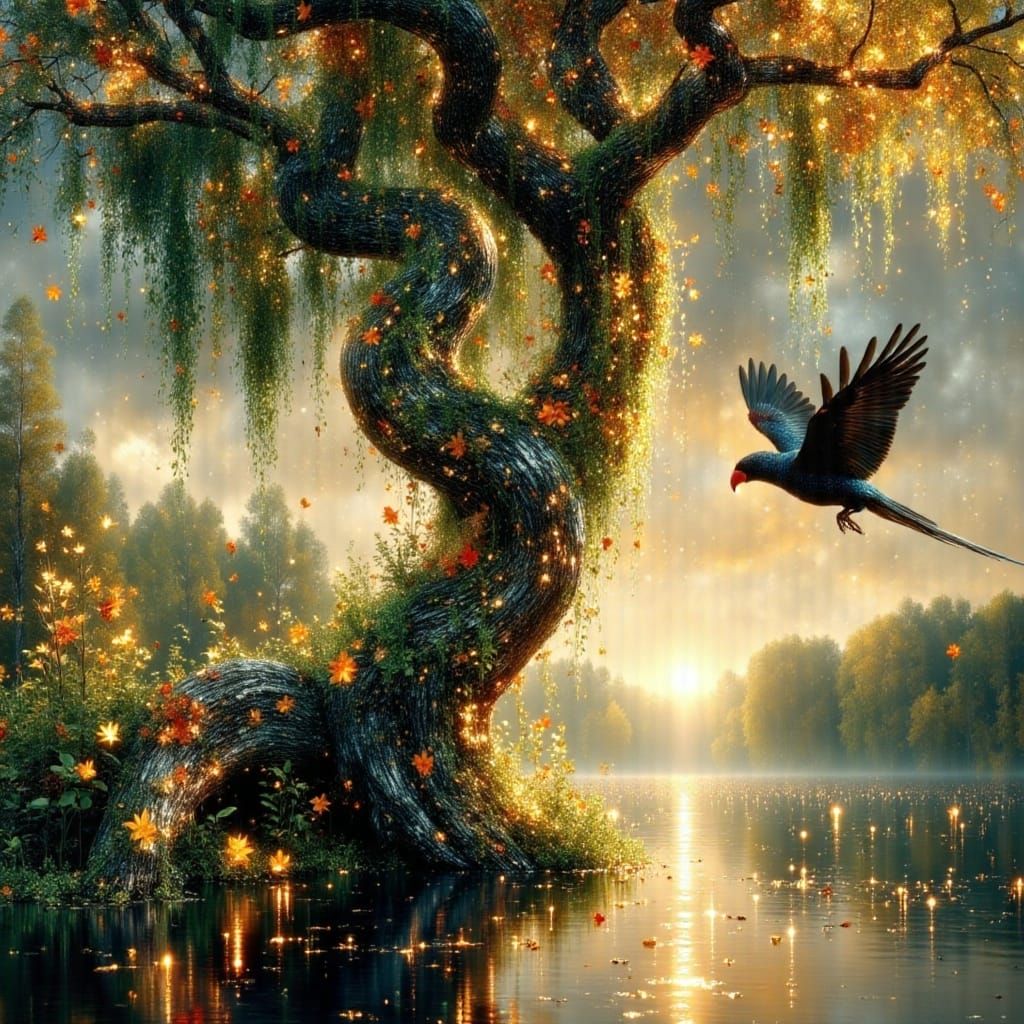 Enchanted Tree with Black Parrot in Dreamy Landscape