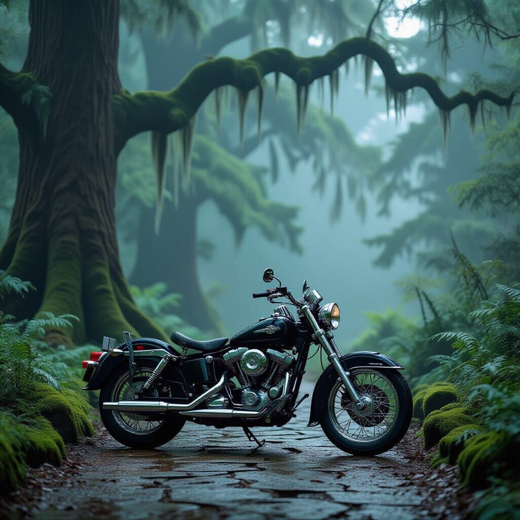 Vintage Motorcycle in Misty Forest: Cinematic Matte Painting