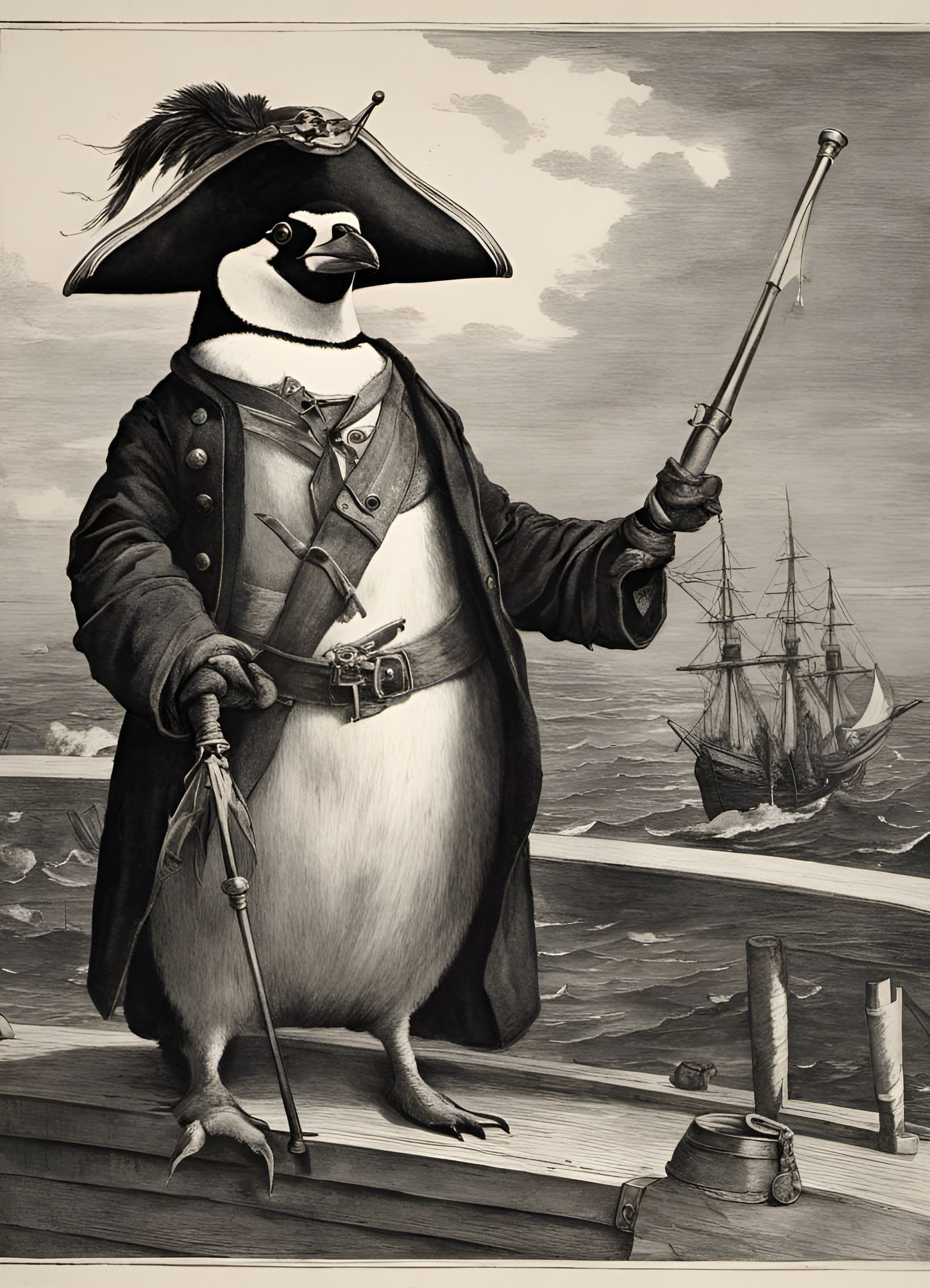 Penguin Pirate Captain on Ship, Digital Art