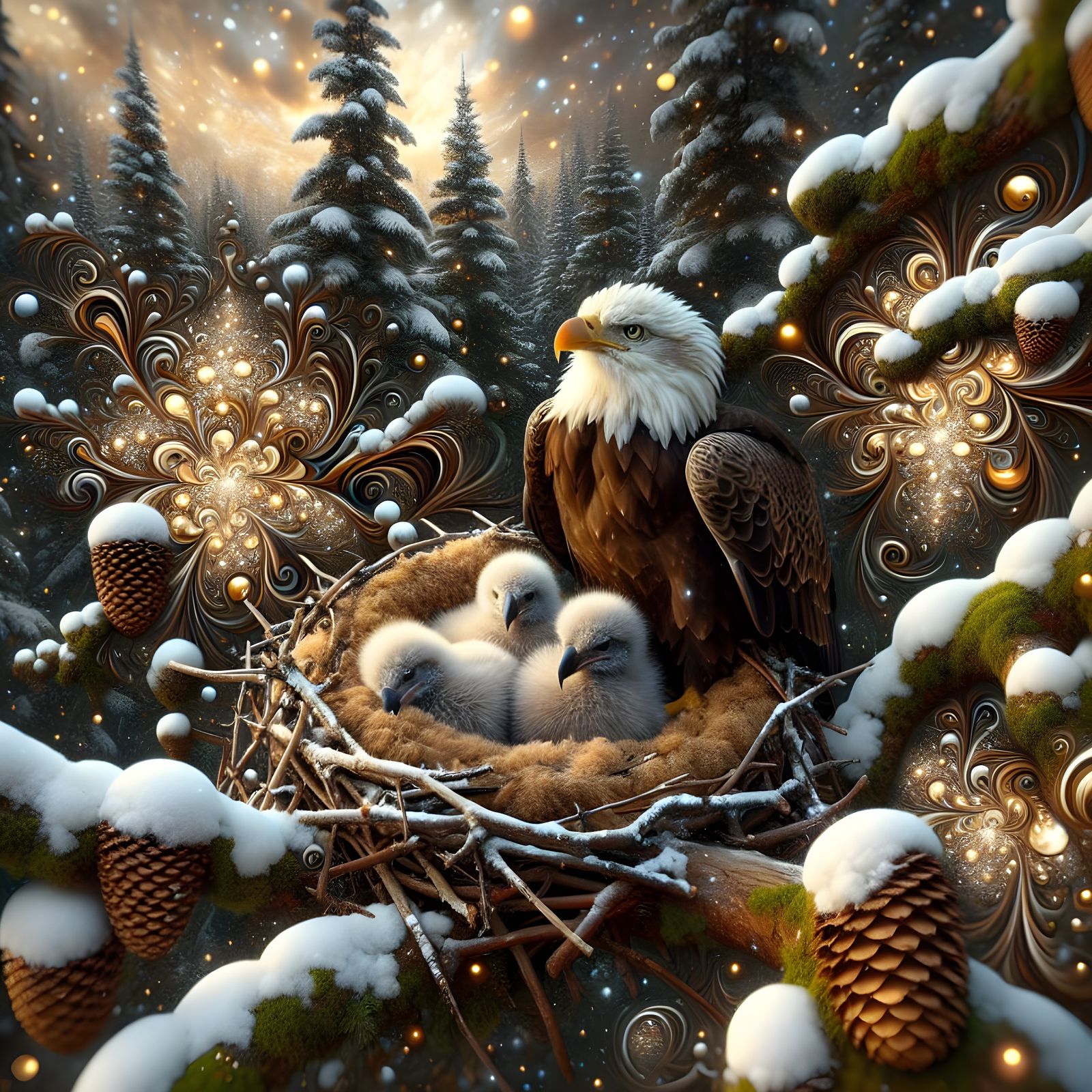 Surreal Scene of Majestic Snowy Forest with Bald Eagles and ...