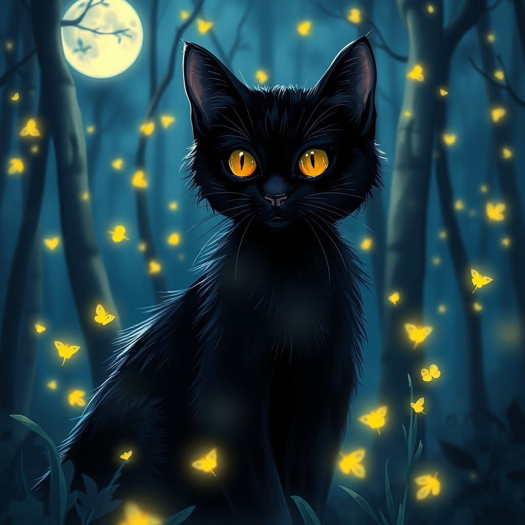 Enchanted Moonlit Forest Scene with a Black Cat and Glowing ...