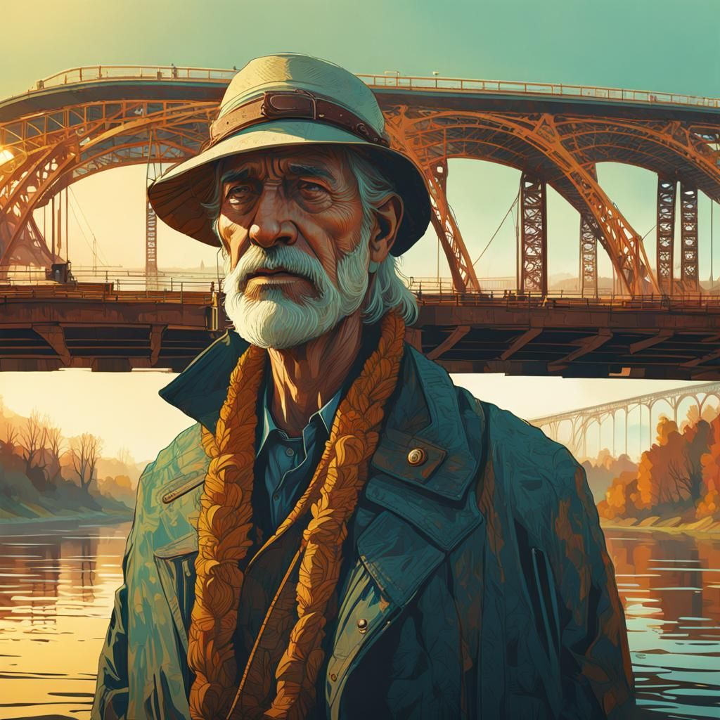 Withered Ferryman Portrait on Sunny River Bridge