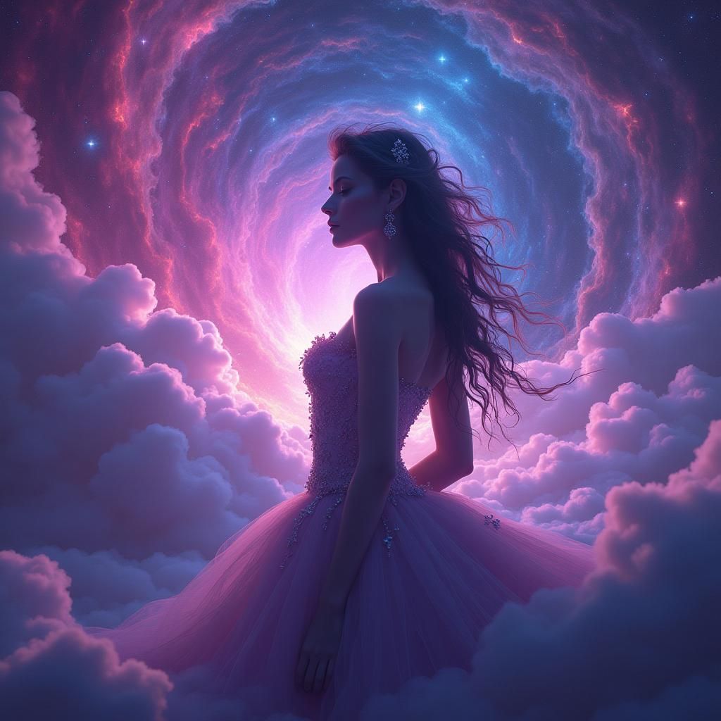 Regal Woman in Neon Galaxy, Sci-Fi Matte Painting