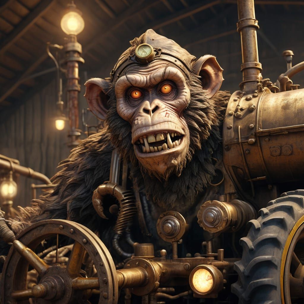 Steampunk Zombie Monkey Farmer Drives Tractor