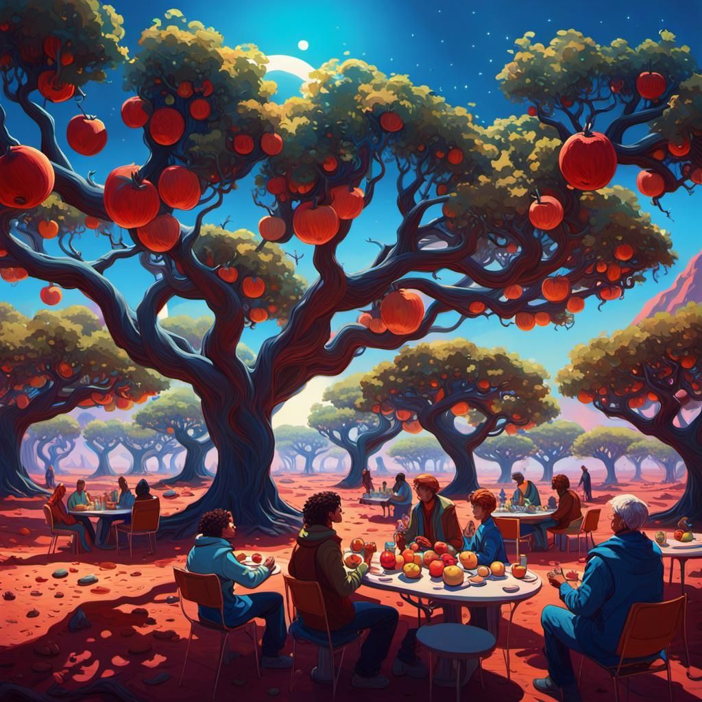 People Eating Apples on Mars in Matte Painting Style