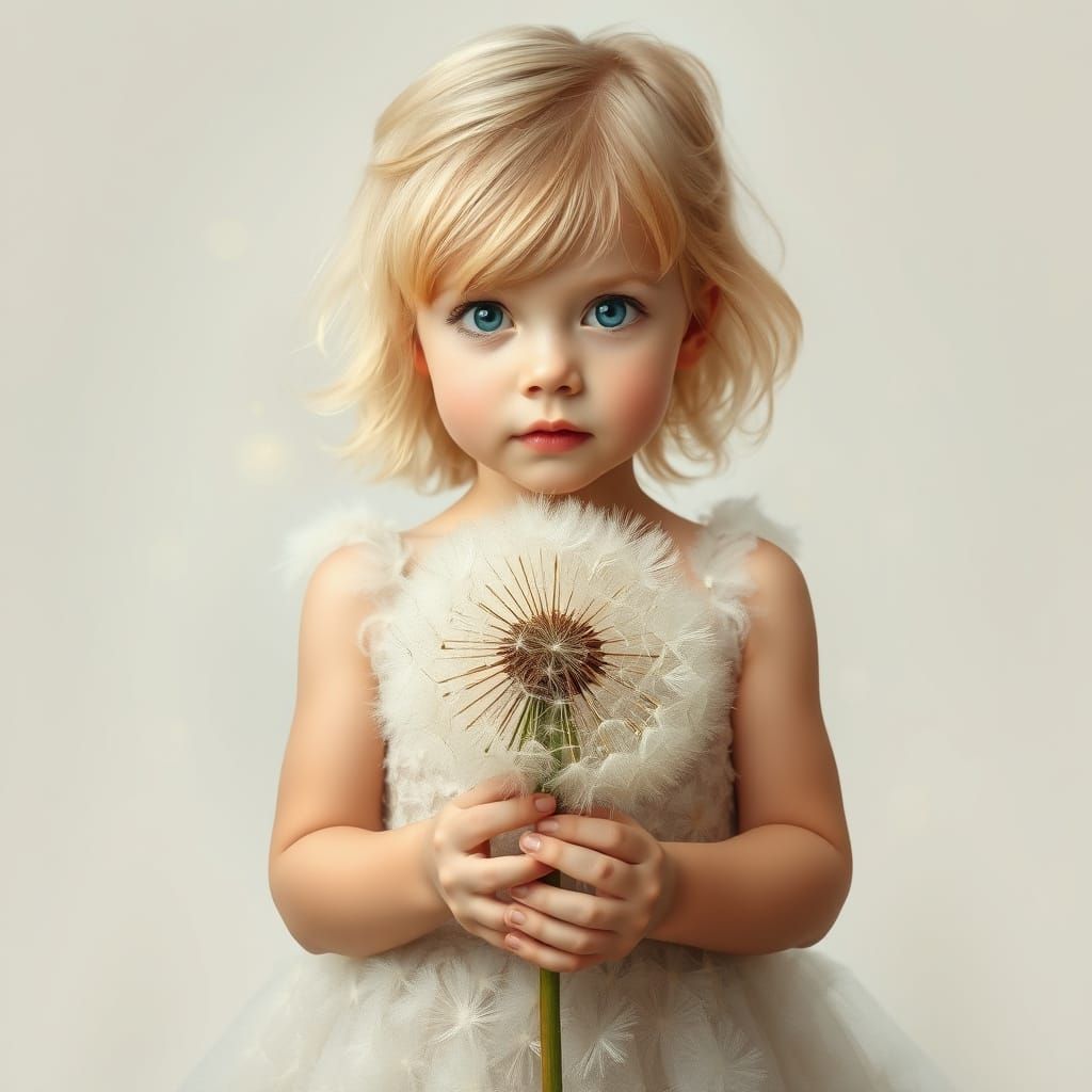 Ethereal Little Girl with Dandelion in Oil Painting Style