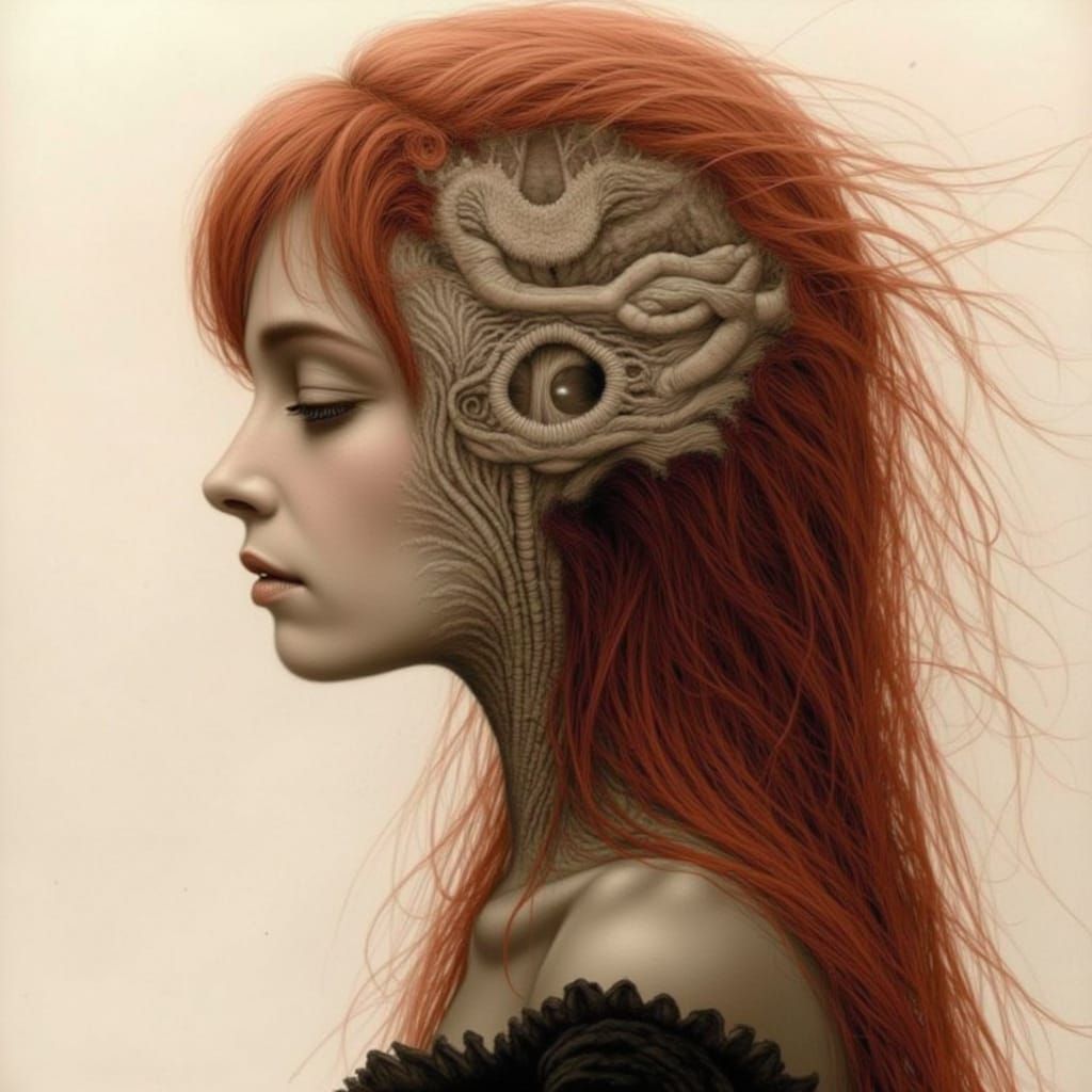 Expressionist Portrait of Stressed Red-Haired Woman